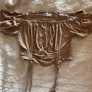Women's Tan Off-the-Shoulder Drawstring Ruched Crop Top